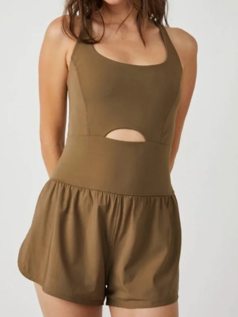 FP Movement Righteous Runsie Romper XS Brown Green Crisscross Athletic Shorts